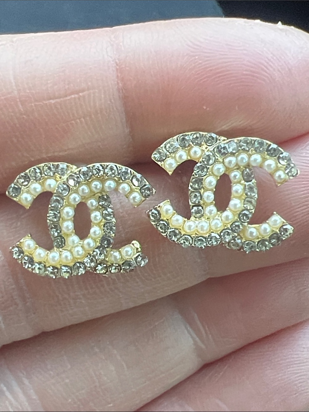 CHANEL Gold-Tone CC Logo Pearl & Crystal Stud Earrings